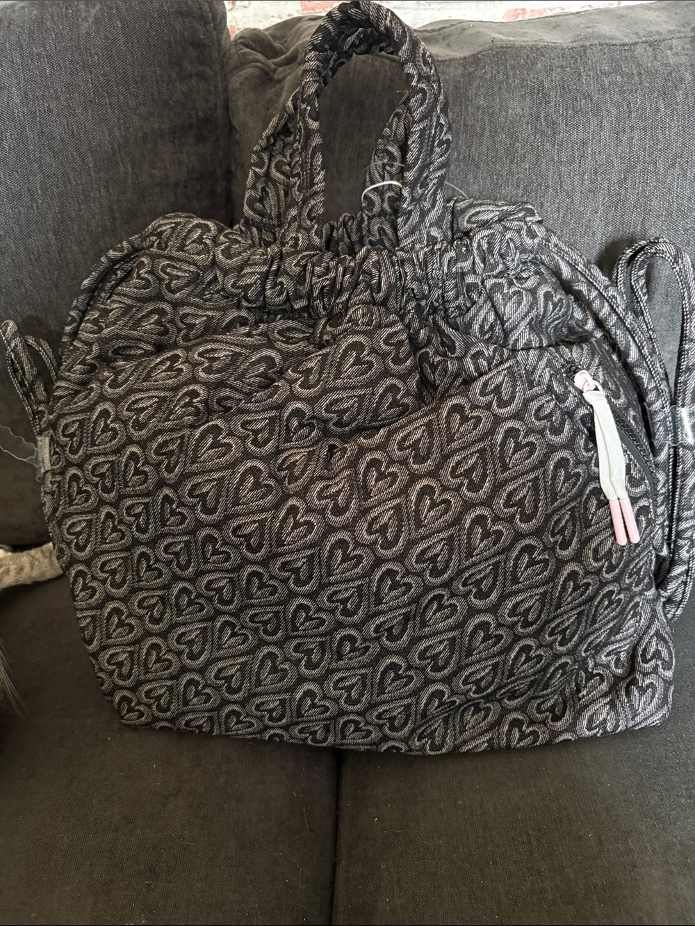 Wildfox Black Quilted Heart-Pattern Tote Bag with Light Pink Zipper Pull